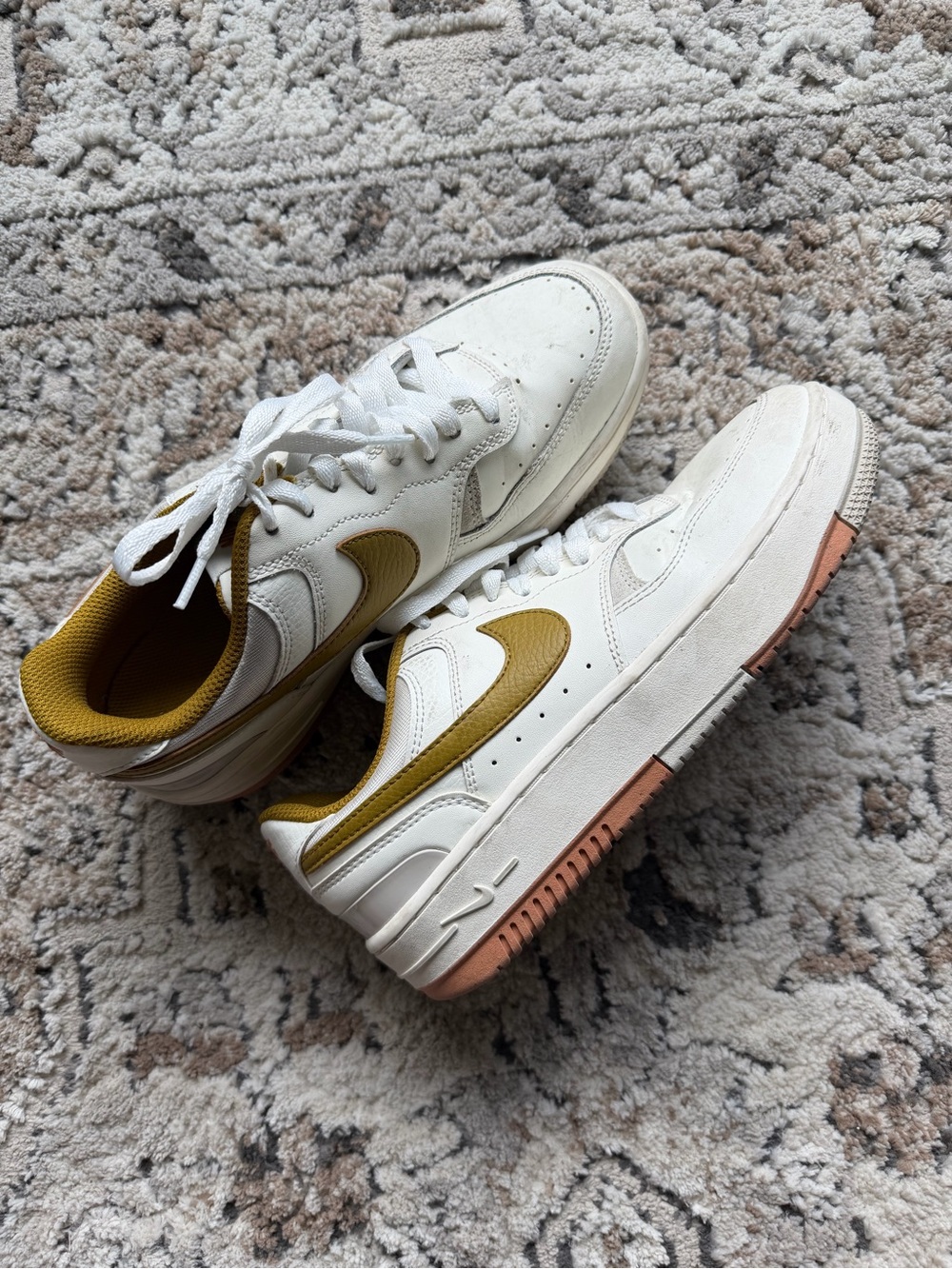 Nike Women's White Sneakers with Mustard Swoosh and Coral Trim